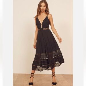 REFORMATION Black Lace Stripe Keyhole SHELLEY Sleeveless Crepe Midi Dress size 2